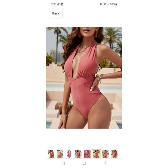 6 Zaful Pink Brick Red Halter Neck Deep Plunge One Piece Swimsuit Bathing Suit - Picture 3 of 10